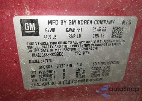 2015 Buick Encore Leather из США, поврежденный, VIN KL4CJGSB8FB232838